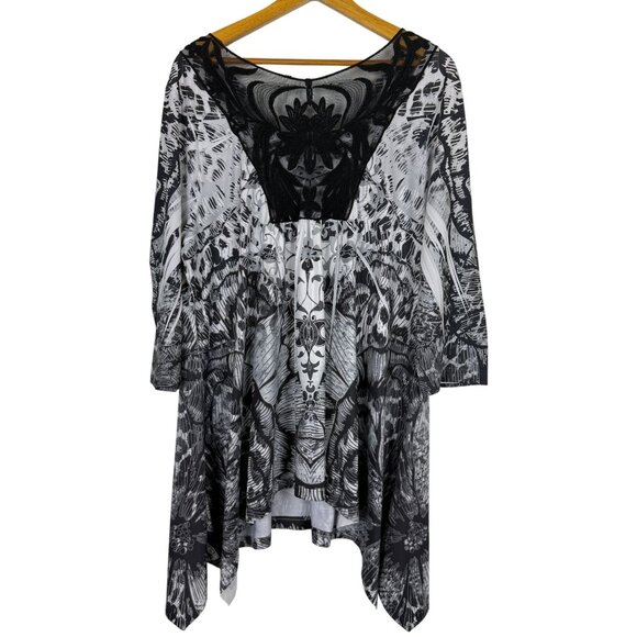 Apt. 9 Graphic Print Tunic Top 2X Sheer Lace Detail Black White Shark Bite Hem - Picture 7 of 11